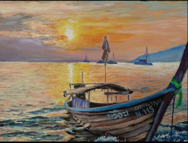 Painting for sale online - Thailand. Boat on the sea.