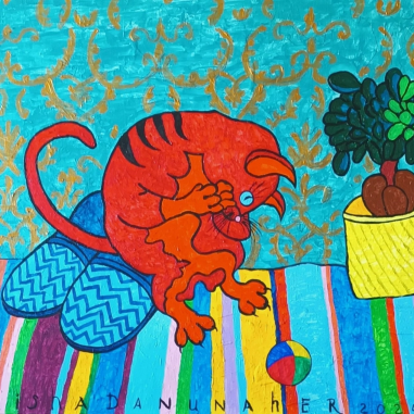 Painting for sale online - The cat shits in the slippers