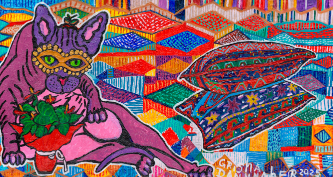 Painting for sale online - Лиловый котик в золотой маске с цветами, позирующий на фоне удивительного ковра
