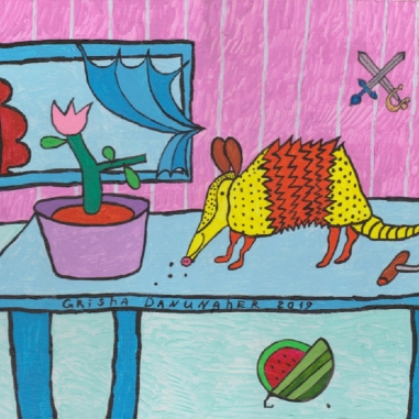 Painting for sale online - Armadillo on a table with an open window in the background