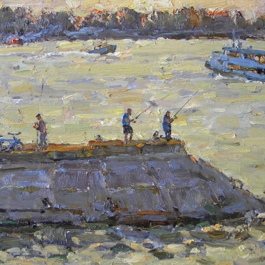 Painting for sale online - Fishermen at the dam. Evening bite