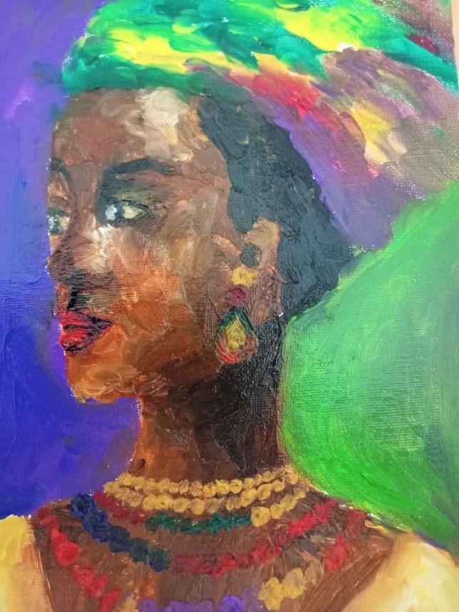 Painting for sale online - An unknown African girl in bright clothes and jewelry.