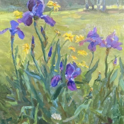 Painting for sale online - Irises and yellow daisies