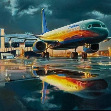 Painting for sale online - Sochi Airport in the sunset lights