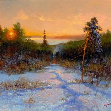Painting for sale online - Hunter's Trail. Bonfire in the Winter Forest