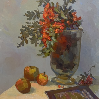 Painting for sale online - Nature-morte with rowan and apples. Autumn.