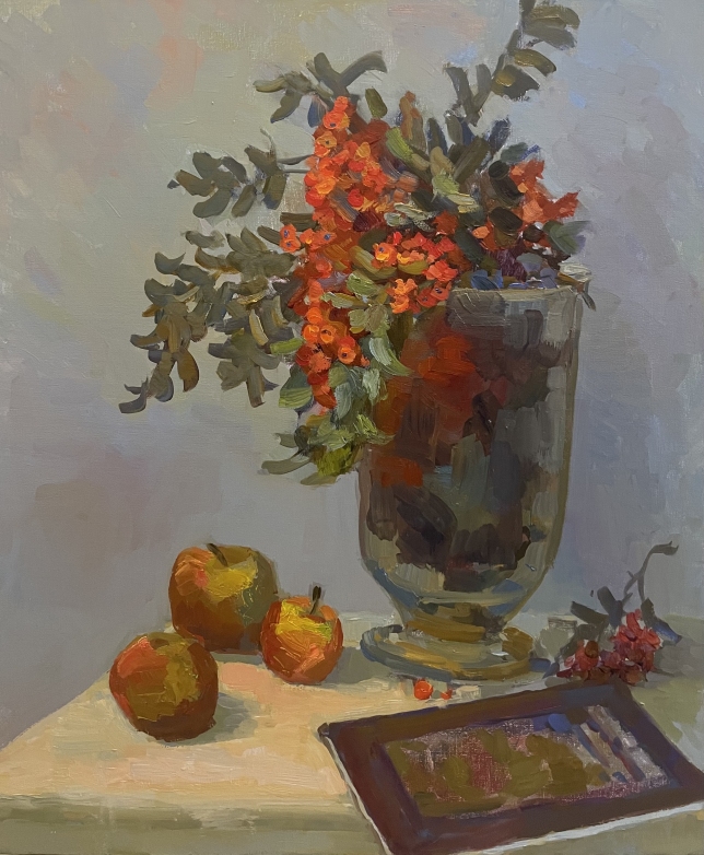 Painting for sale online - Nature-morte with rowan and apples. Autumn.