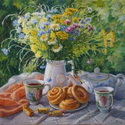 Painting for sale online - Summer tea still life.