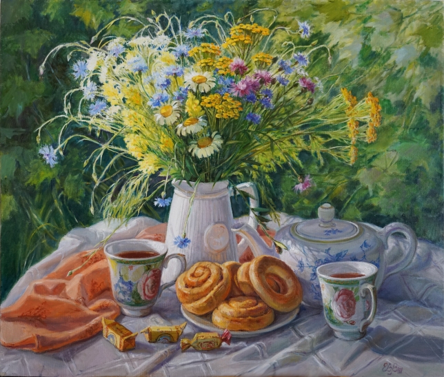 Painting for sale online - Summer tea still life.