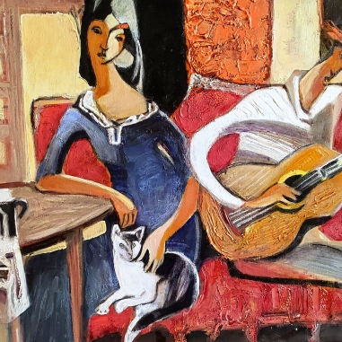 Painting for sale online - A cup of coffee, a cat, and a guitar