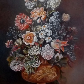 Painting for sale online - Bouquet in a sculptural vase, based on the work of Bortolomeo Ligozzio