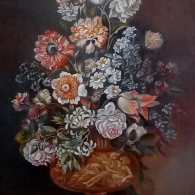 Painting for sale online - Bouquet in a sculptural vase, based on the work of Bortolomeo Ligozzio