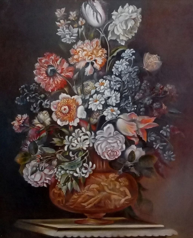 Painting for sale online - Bouquet in a sculptural vase, based on the work of Bortolomeo Ligozzio