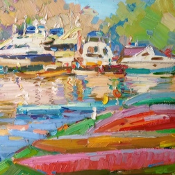 Painting for sale online - Пейзаж с красными лодками \ Landscape with red boats