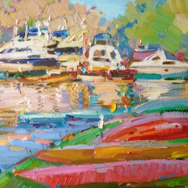 Painting for sale online - Landscape with red boats