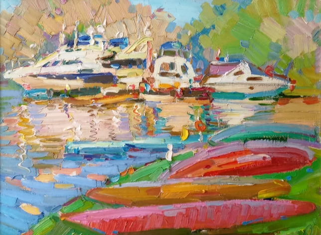 Painting for sale online - Пейзаж с красными лодками  Landscape with red boats