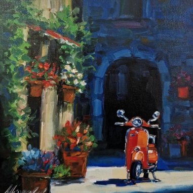 Painting for sale online - Red moped 