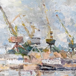 Painting for sale online - Old cranes in the river port