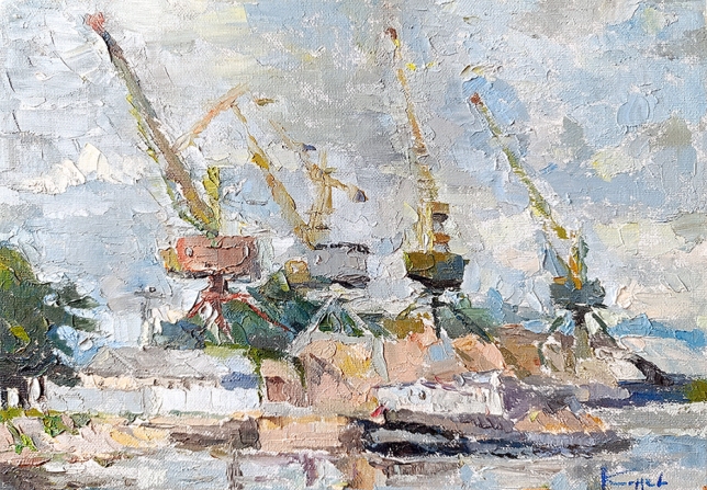 Painting for sale online - Old cranes in the river port