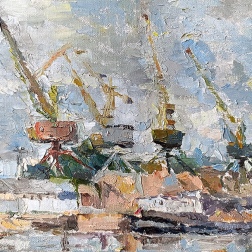 Painting for sale online - Old cranes in the river port