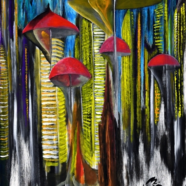 Painting for sale online - Red city umbrellas lanterns
