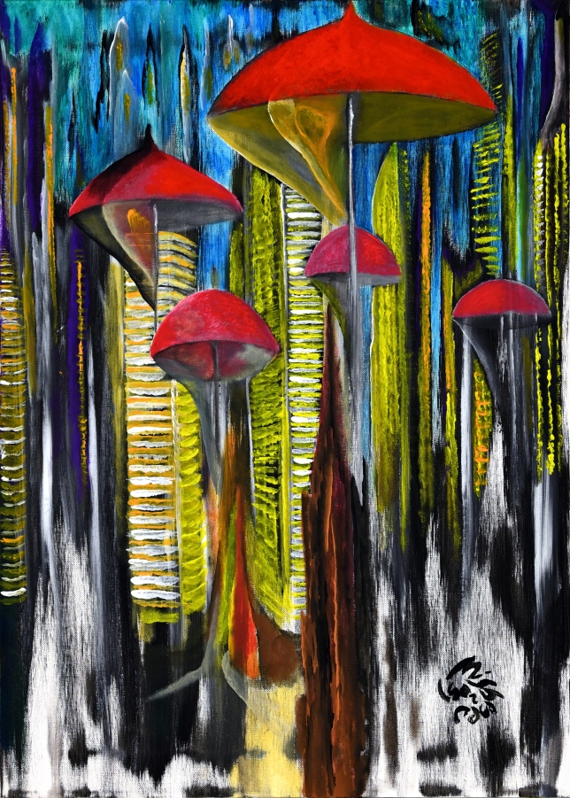 Painting for sale online - Red city umbrellas lanterns