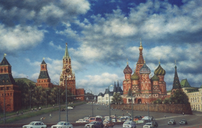 Painting for sale online - A view to Kremlin and Vasili Blagenni church  (Moscow Series)