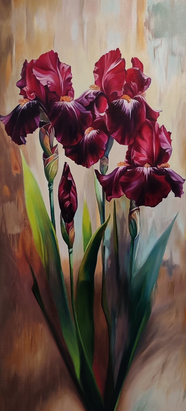 Painting for sale online - Burgundy irises are a living touch of nature