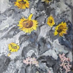 Painting for sale online - Sunflowers in a black and white garden