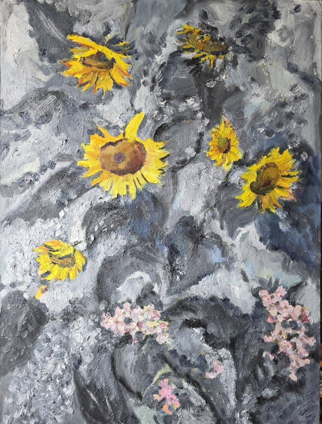 Painting for sale online - Sunflowers in a black and white garden
