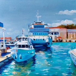 Painting for sale online - Catamaran Dagomys, shallow-water pier