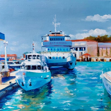 Painting for sale online - Catamaran Dagomys, shallow-water pier