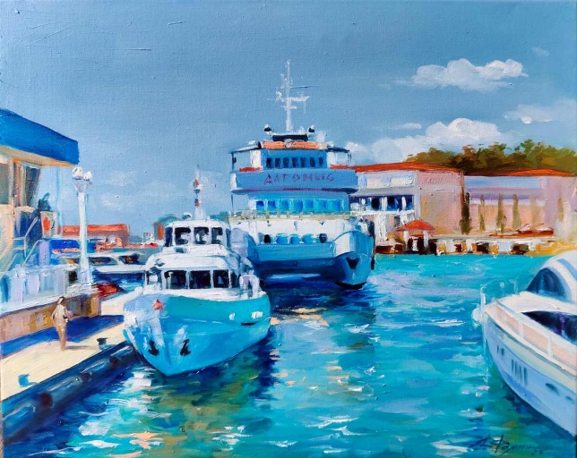 Painting for sale online - Catamaran Dagomys, shallow-water pier