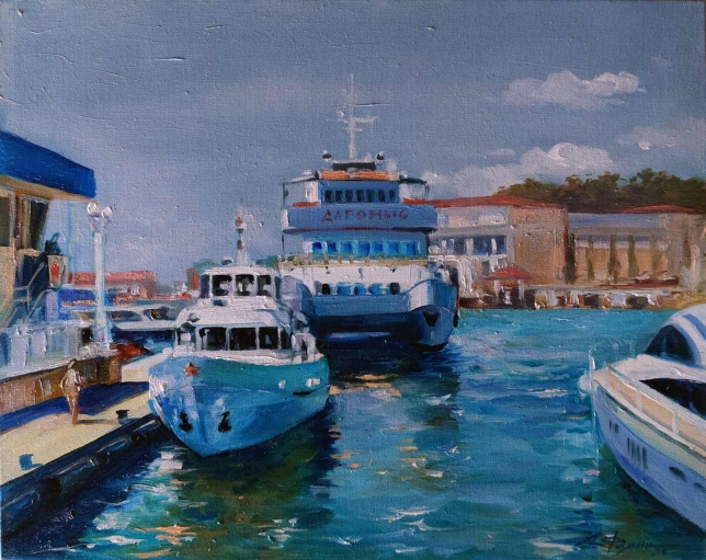 Painting for sale online - Catamaran Dagomys, shallow-water pier