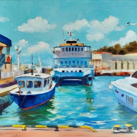 Painting for sale online - Catamaran Dagomys, shallow-water pier