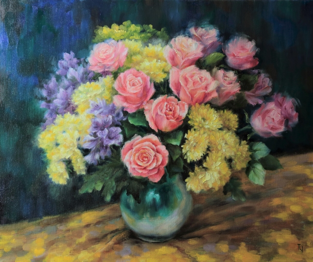 Painting for sale online - Bouquet in a green jug