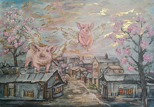 Painting for sale online - Flying pigs
