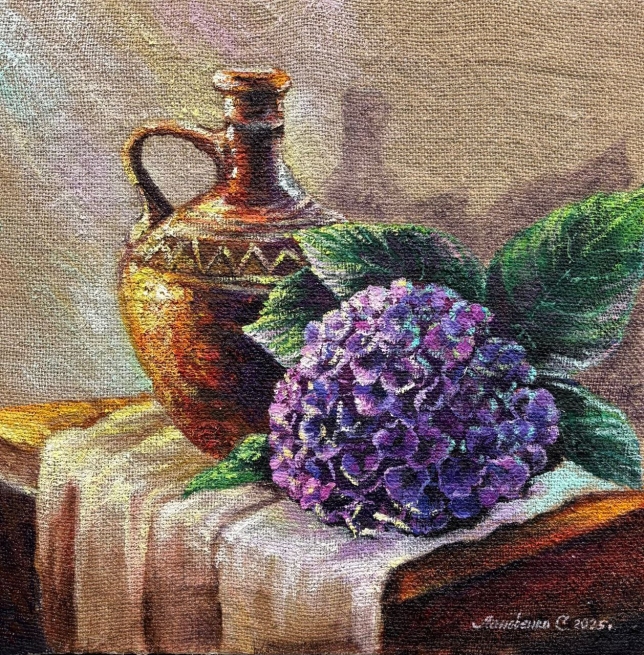 Painting for sale online - A passionate hydrangea Rough burlap and a delicate flower