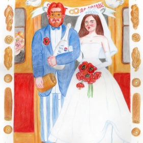 Painting for sale online - Wedding on a tram (triptych)
