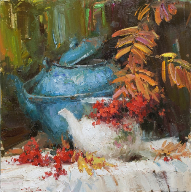Painting for sale online - Rowan and blue kettle still life