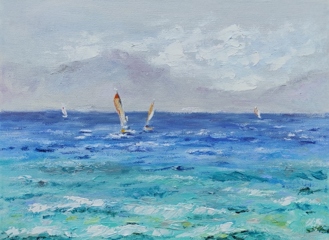 Painting for sale online - Bright sailboats in the sea