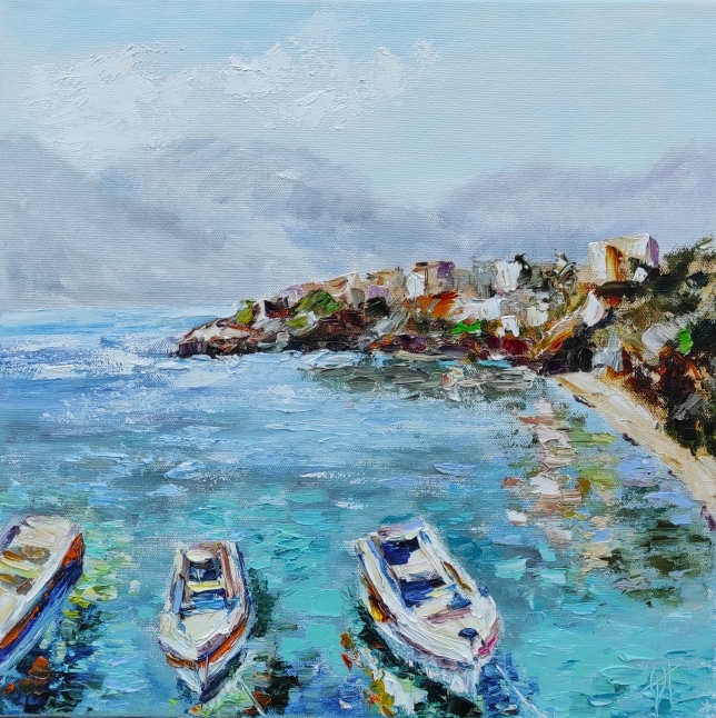 Painting for sale online - Boats original oil seascape 