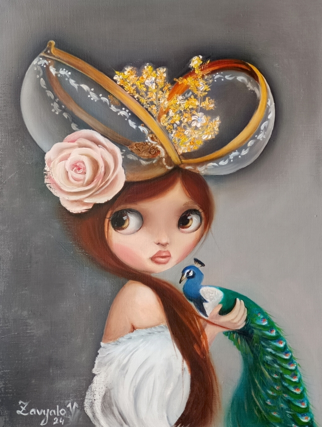 Painting for sale online - Girl with a peacock