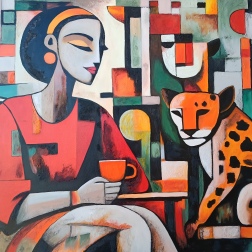 Painting for sale online - Woman with Leopard and Coffee