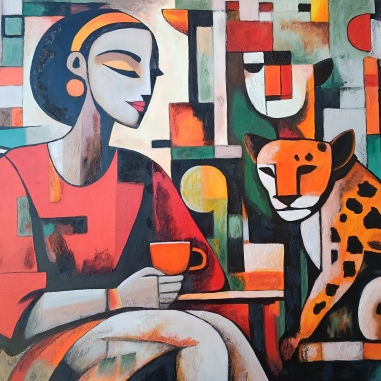 Painting for sale online - Woman with Leopard and Coffee