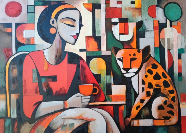 Painting for sale online - Woman with Leopard and Coffee