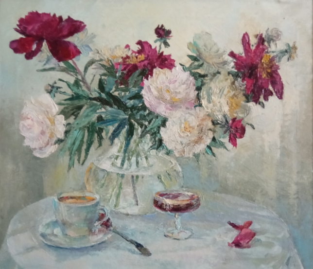 Painting for sale online - Tea with raspberry jam, Peonies
