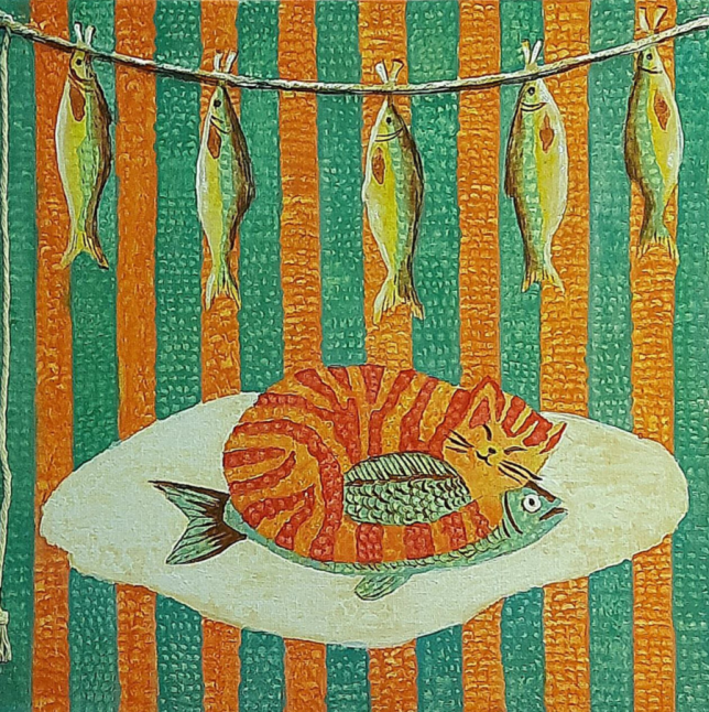 Painting for sale online - Fish still life with a ginger cat