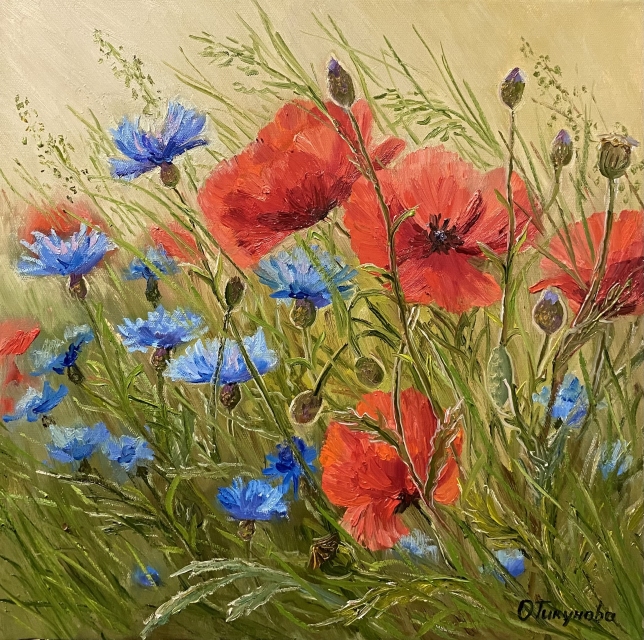 Painting for sale online - Poppies and cornflowers