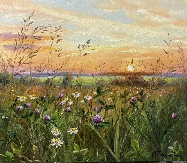 Painting for sale online - Sunset over the field
